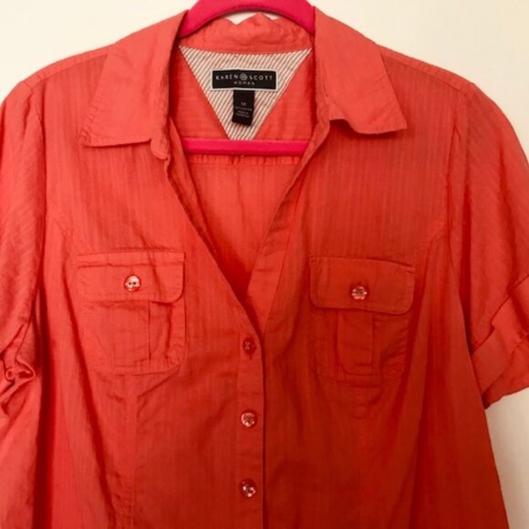 KAREN SCOTT 100% COTTON V-NECK, SHORT SLEEVE BUTTON DOWN BLOUSE. SZ. 1X - Picture 3 of 5